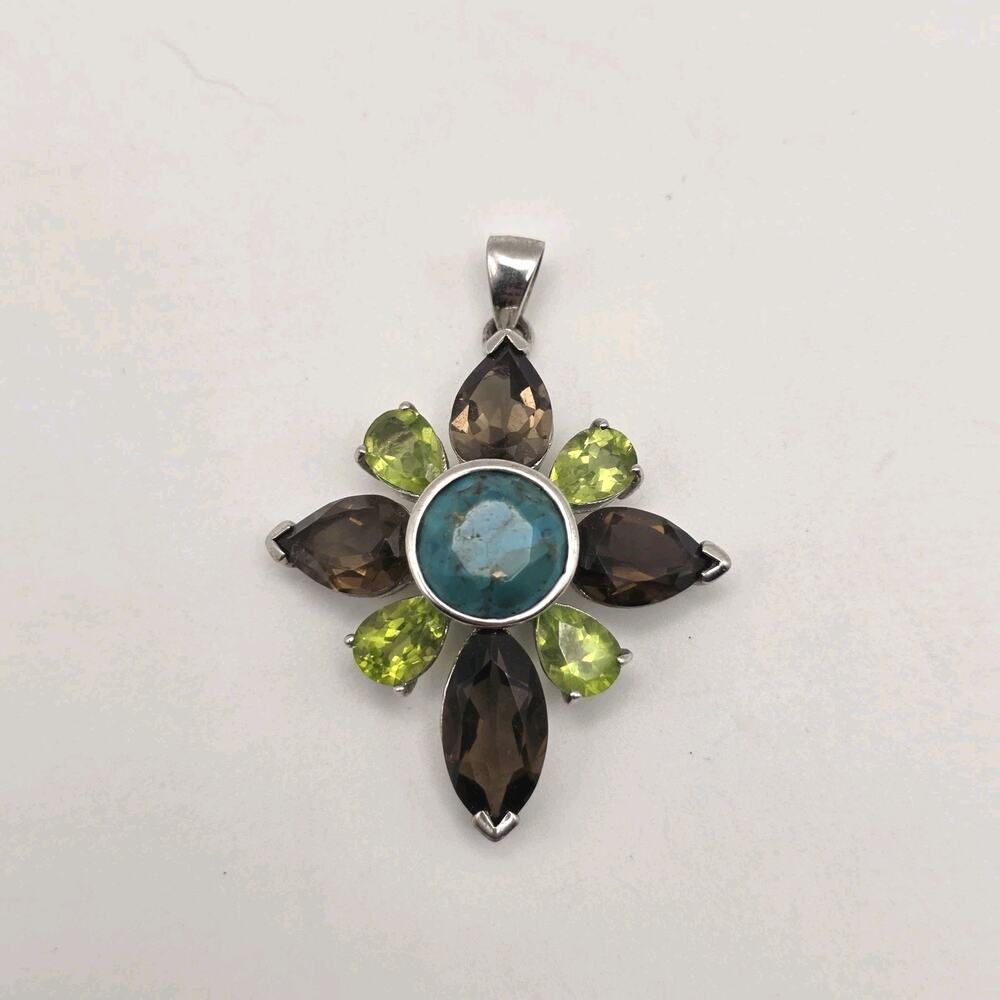 ATI Thailand Sterling Silver Turquoise Peridot Quartz Flower Pendant - Picture 2 of 11